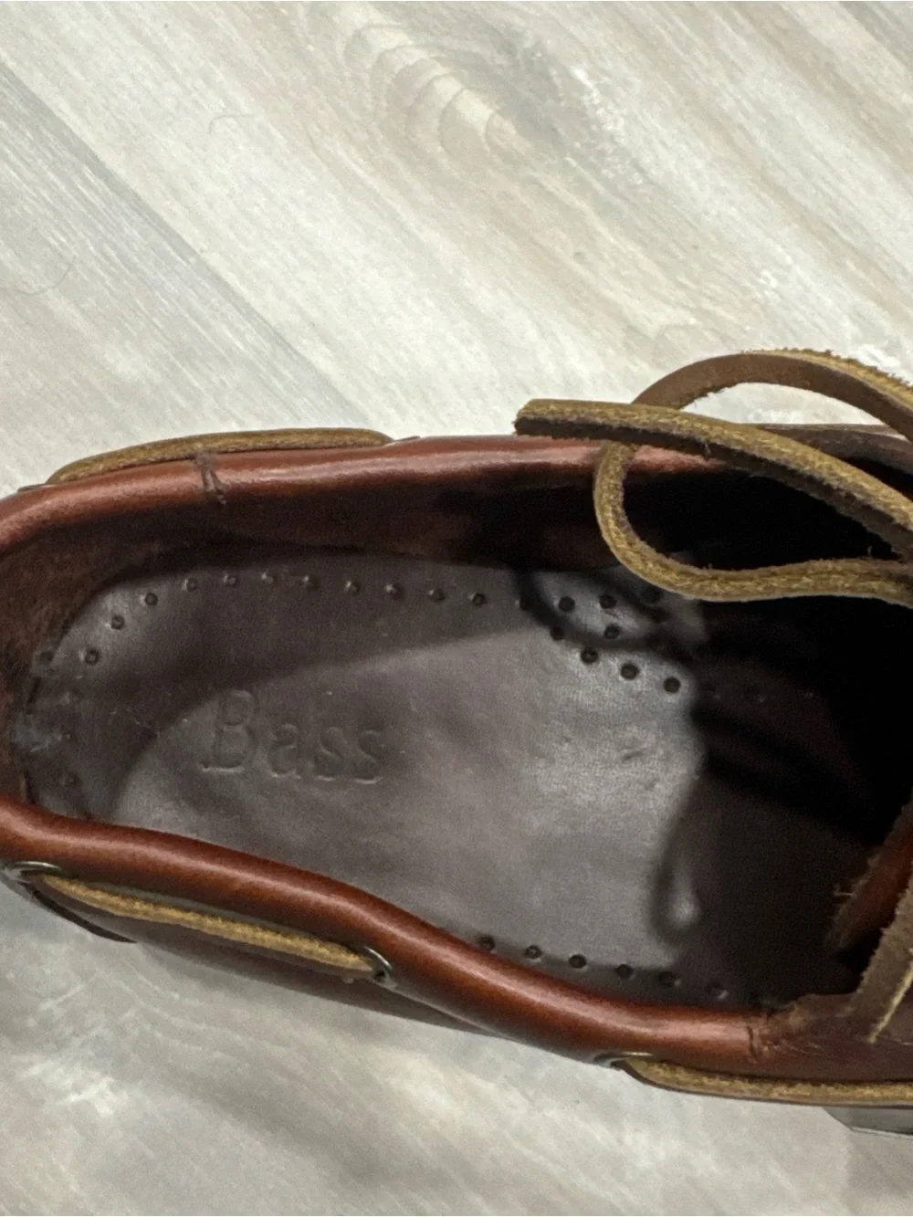 Bass Men's Dark Brown Leather Boat Shoes with Tan Laces 1617-200